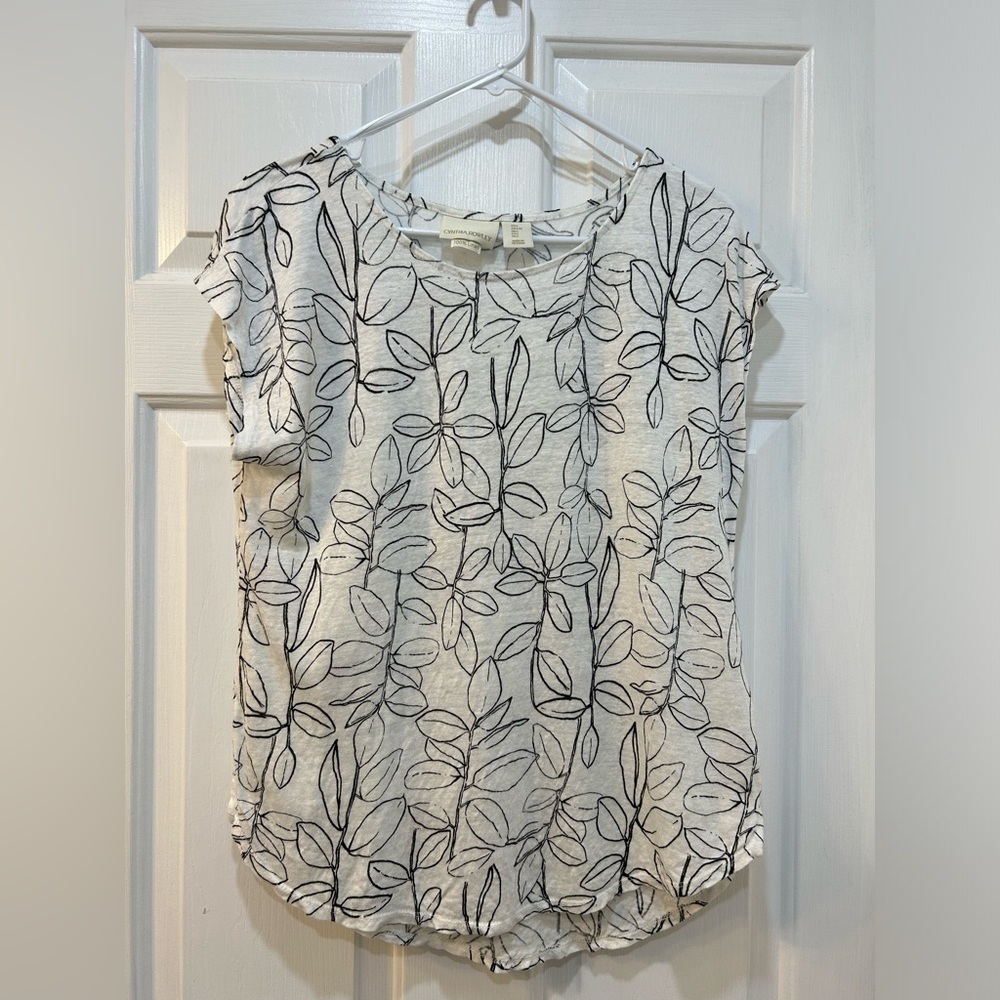 Cynthia Rowley 100% Linen Popover Blouse Black White Lightweight Women's Size L
